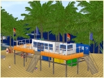 Strand-Set mit Strandcafe, Surfschule, Strandh�uschen und Badeg�sten