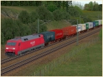 Containertragwagen Sngs beladen mit Containern und Wechselpritschen
