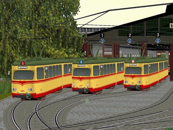 EP-Gelenkstrassenbahnwagen 104+117+119 der AVG - Verkehrsbetriebe Karlsruhe (BD1428 )