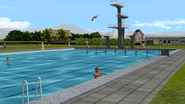 Freibad mit Sprungturm, Schwimmbecken, Duschbecken und Eingangsgeb&auml;ude. (V10NRH20014 )