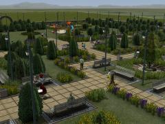 Modularer Stadtpark-Garten mit Torbogen und Umfriedung.