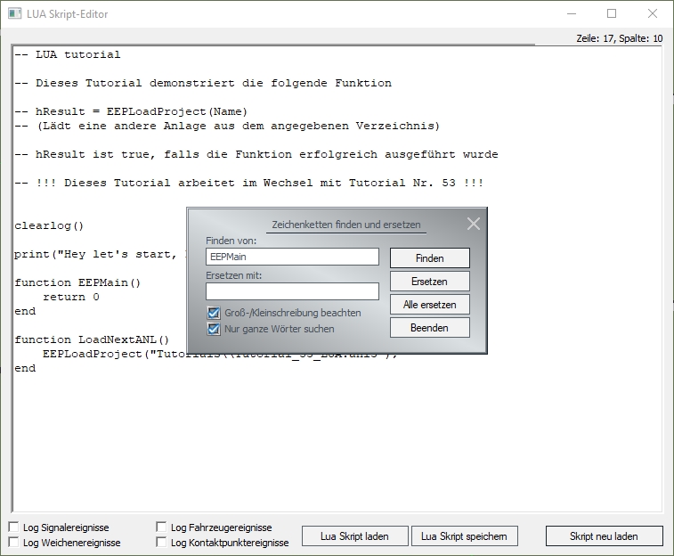 Verbesserter Lua-Editor: Volltextsuche, Textersetzung uvm. im Plug-In 1 zu EEP 15.1